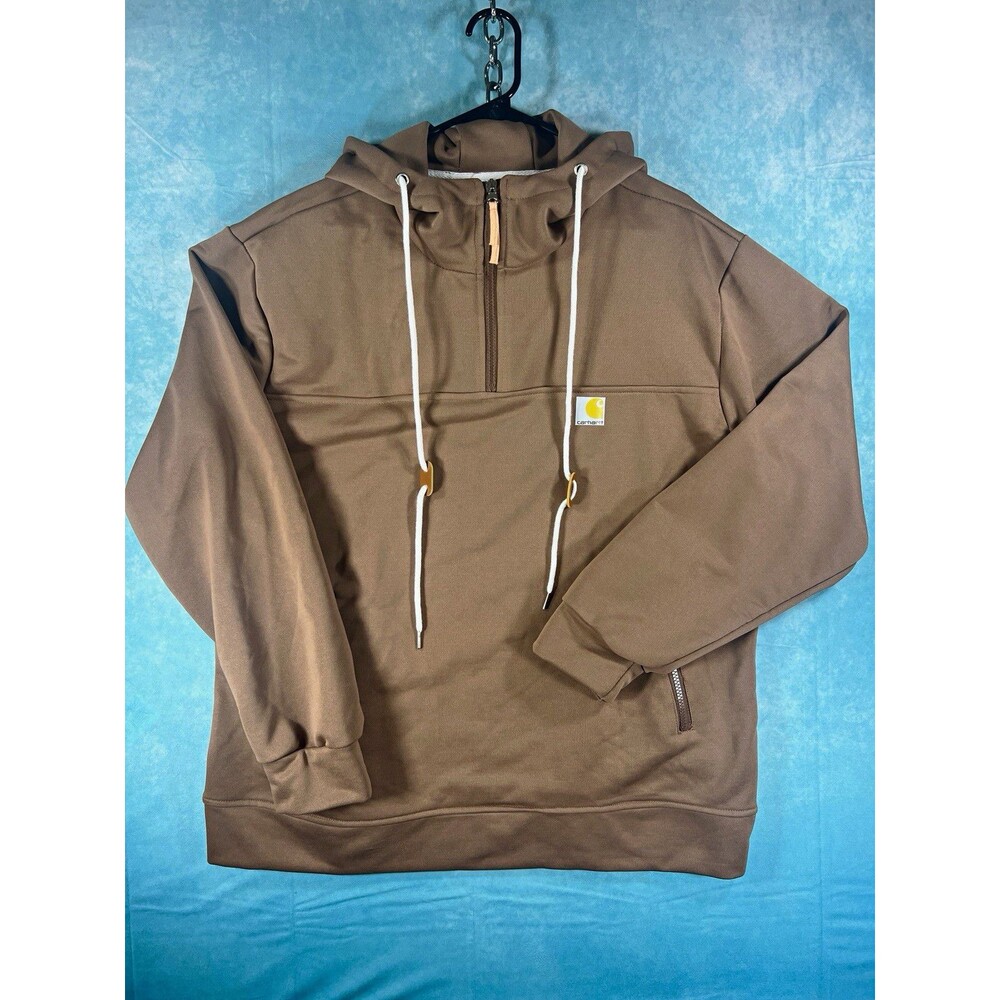 Carhartt Mens Brown 1/2 Zip Logo Pullover Hoodie Sweatshirt Pockets XL